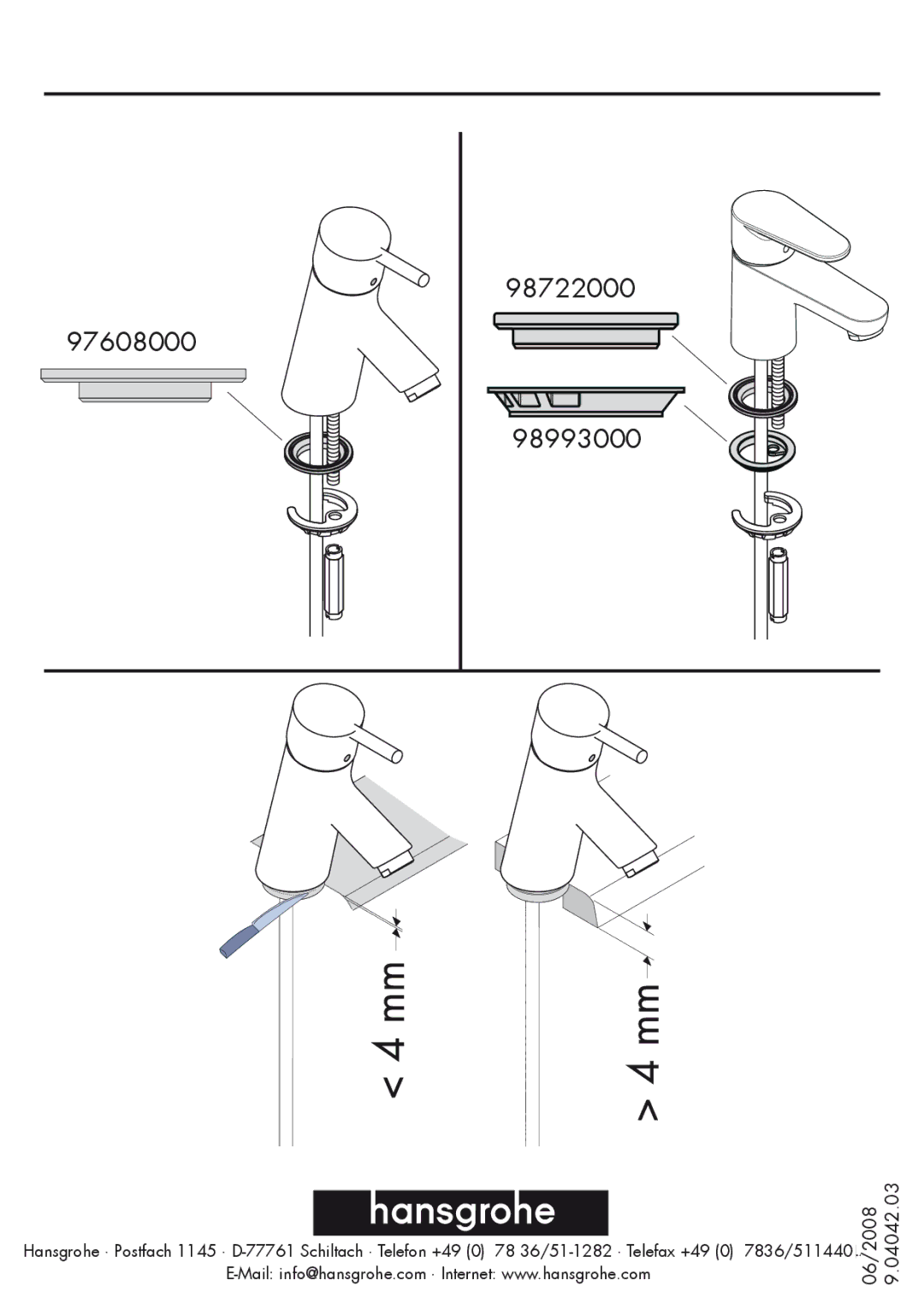 Hans Grohe 97608000, 98996000 manual 98722000, 98993000, 06/2008 