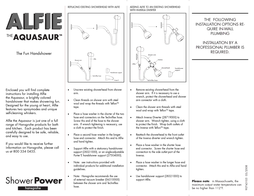 Hans Grohe AlFie Aquasaur manual Fun Handshower, Please note in Massachusetts 