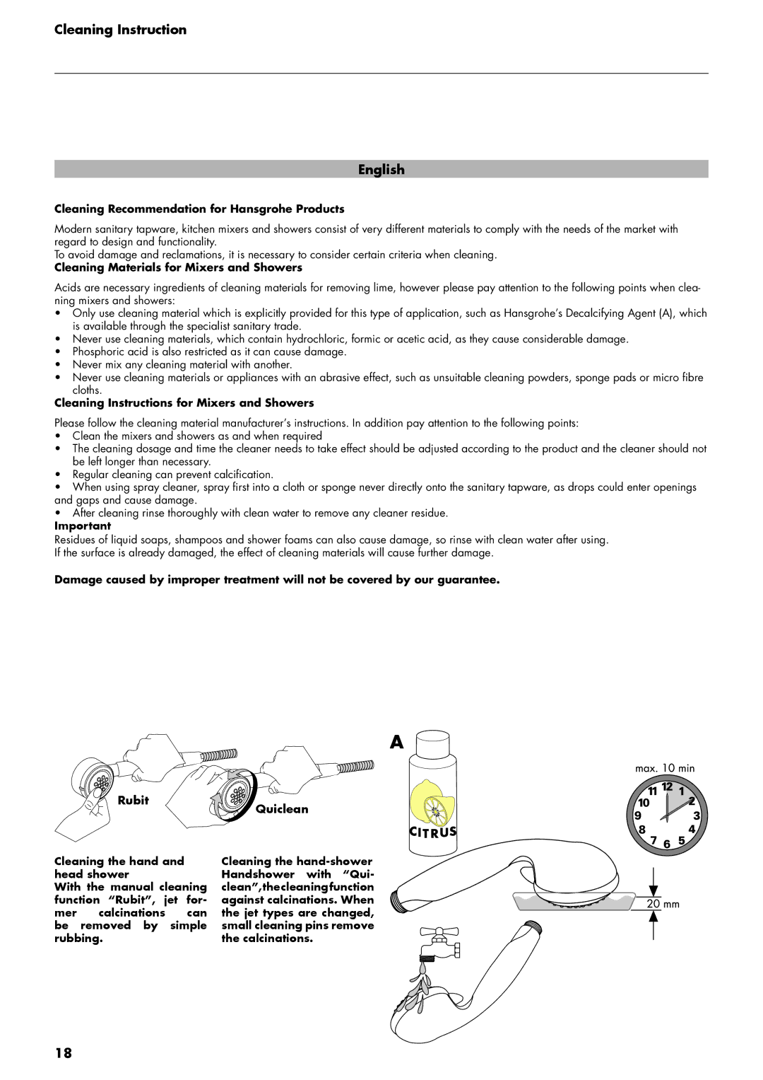 Hans Grohe DP Lift 2 M 20 manual Cleaning Instruction English, Cleaning Recommendation for Hansgrohe Products 