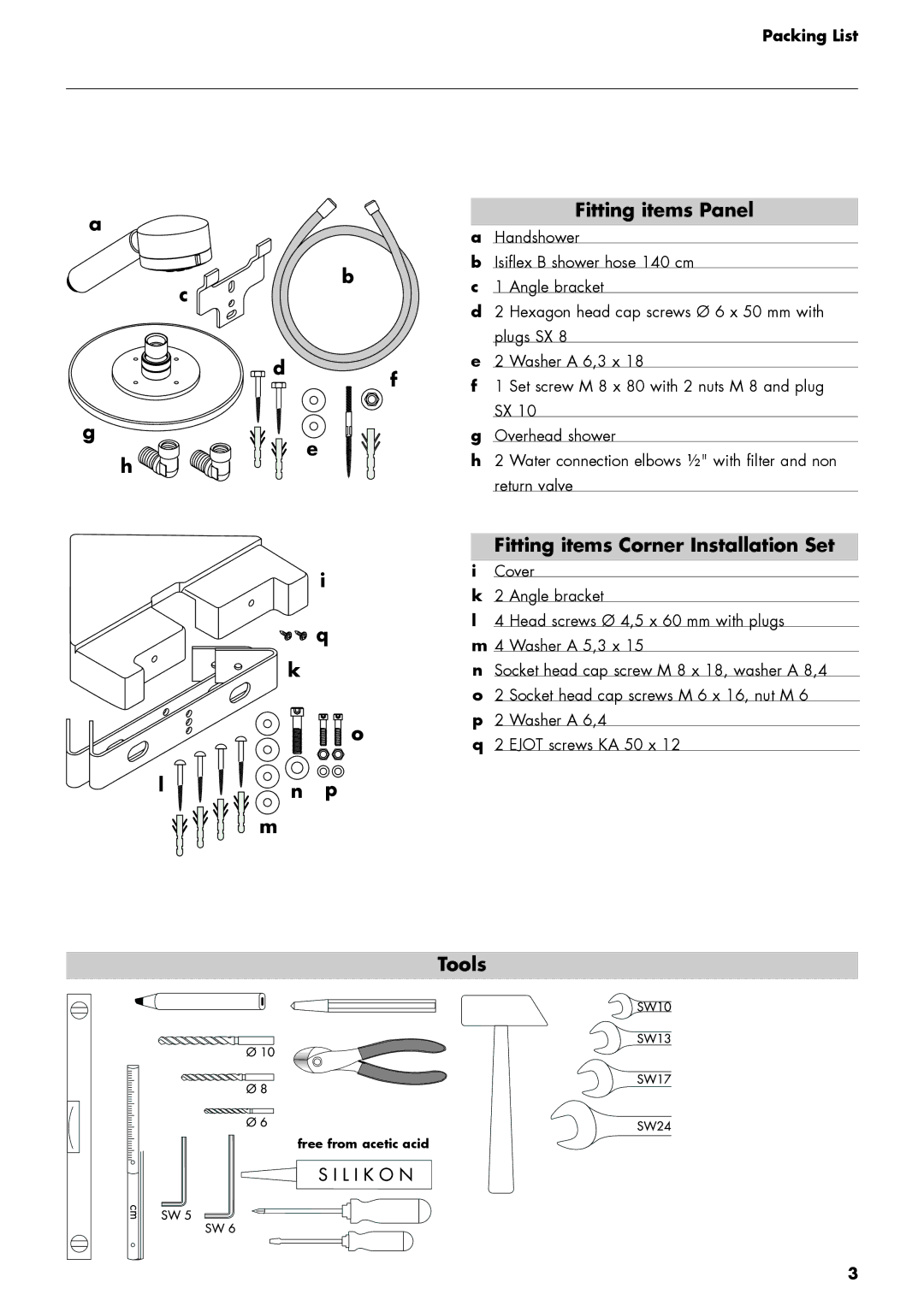 Hans Grohe DP Lift 2 M 20 manual Fitting items Panel, Packing List 