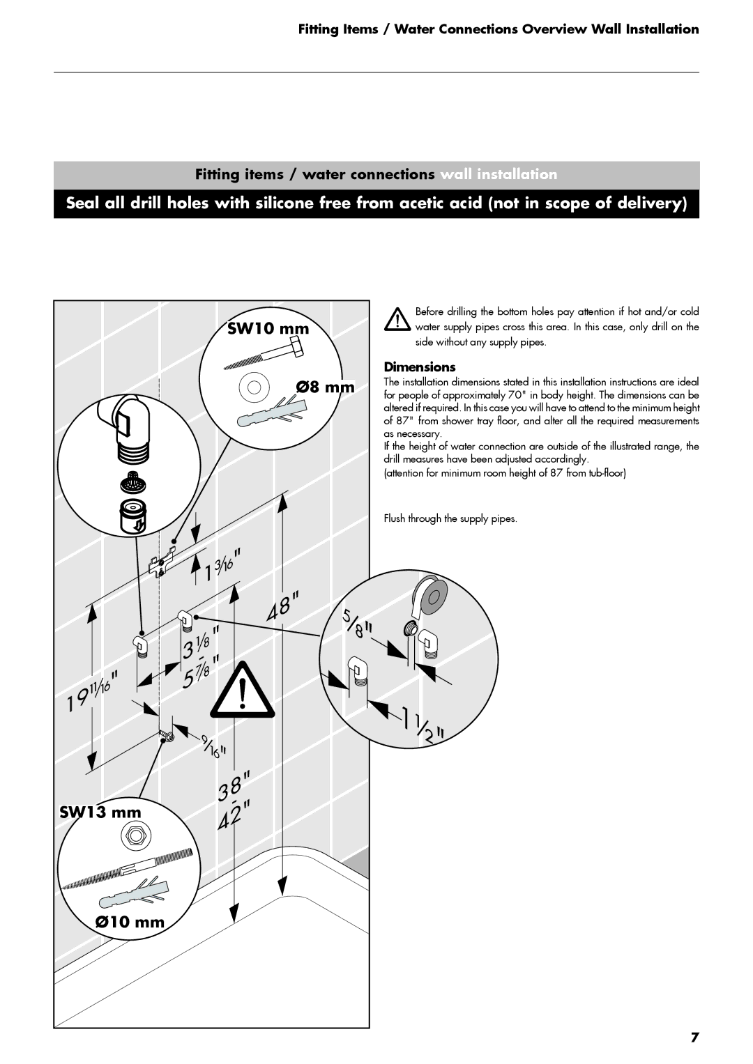 Hans Grohe DP Lift 2 M 20 manual Fitting Items / Water Connections Overview Wall Installation, Dimensions 