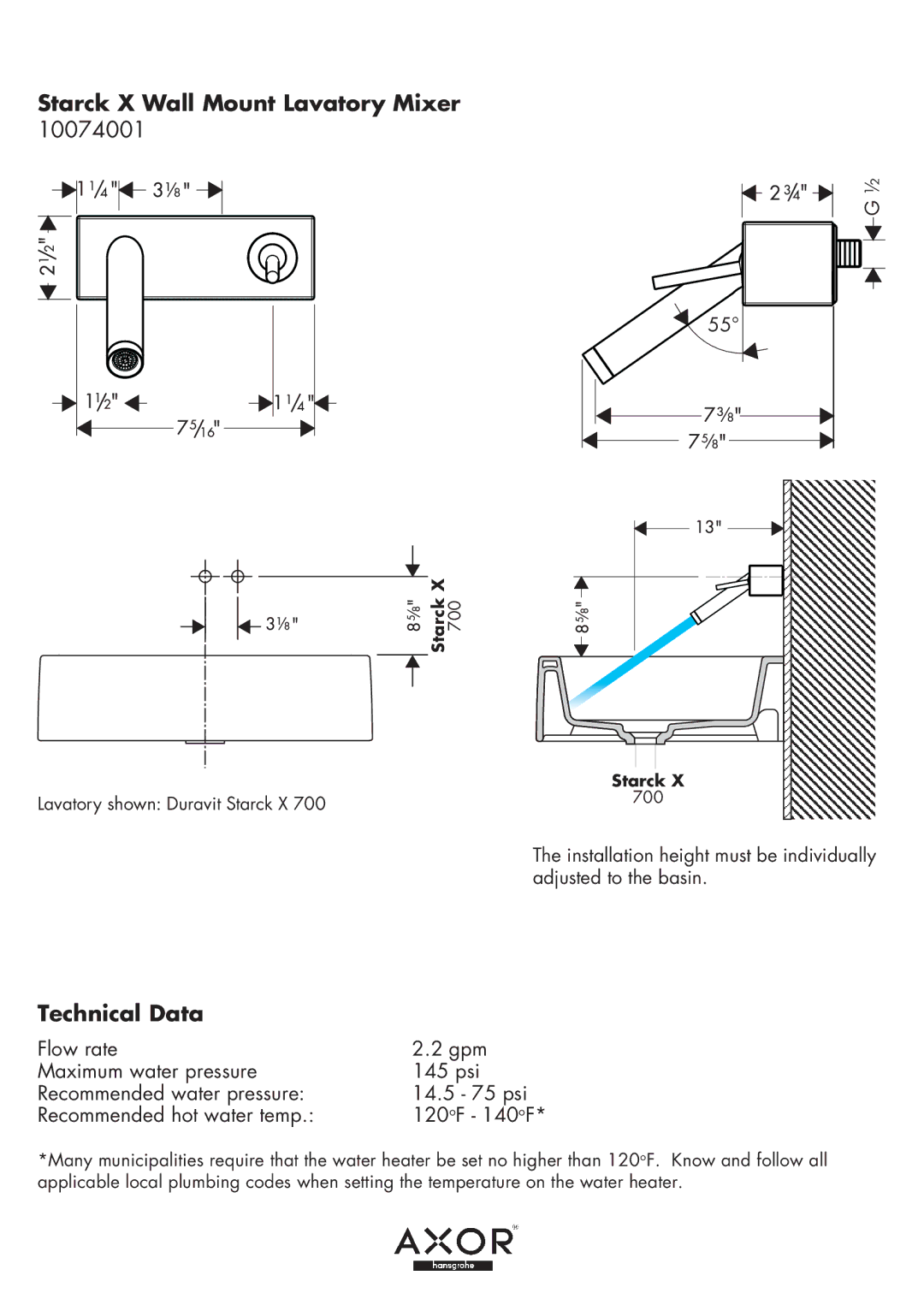 Hans Grohe Installation / Warranty Starck X warranty Starck X Wall Mount Lavatory Mixer, Technical Data 