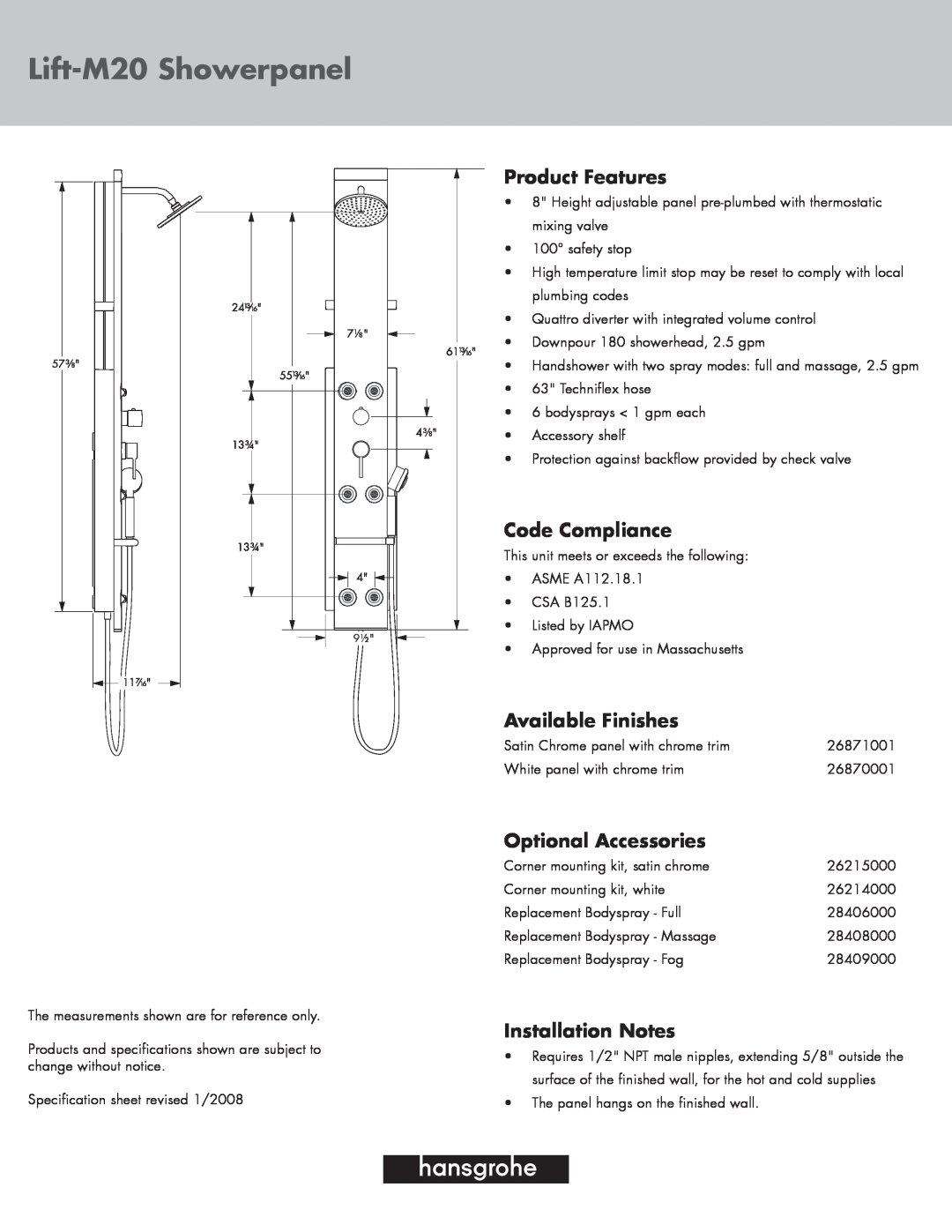Hans Grohe specifications Lift-M20 Showerpanel, Product Features, Code Compliance, Available Finishes 