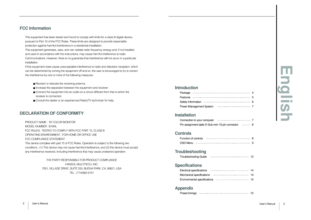 Hansol Multitech B19BL FCC Information, Introduction, Installation, Controls, Troubleshooting, Specifications, Appendix 