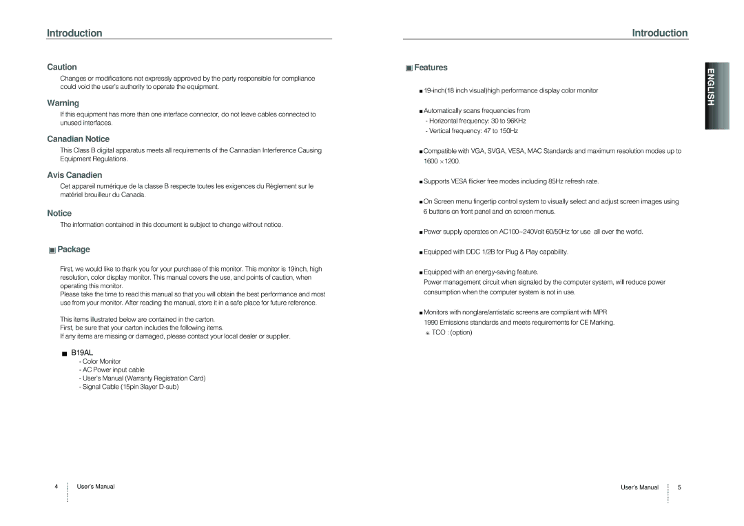 Hansol Multitech B19BL user manual Canadian Notice, Avis Canadien, Package, Features, B19AL 