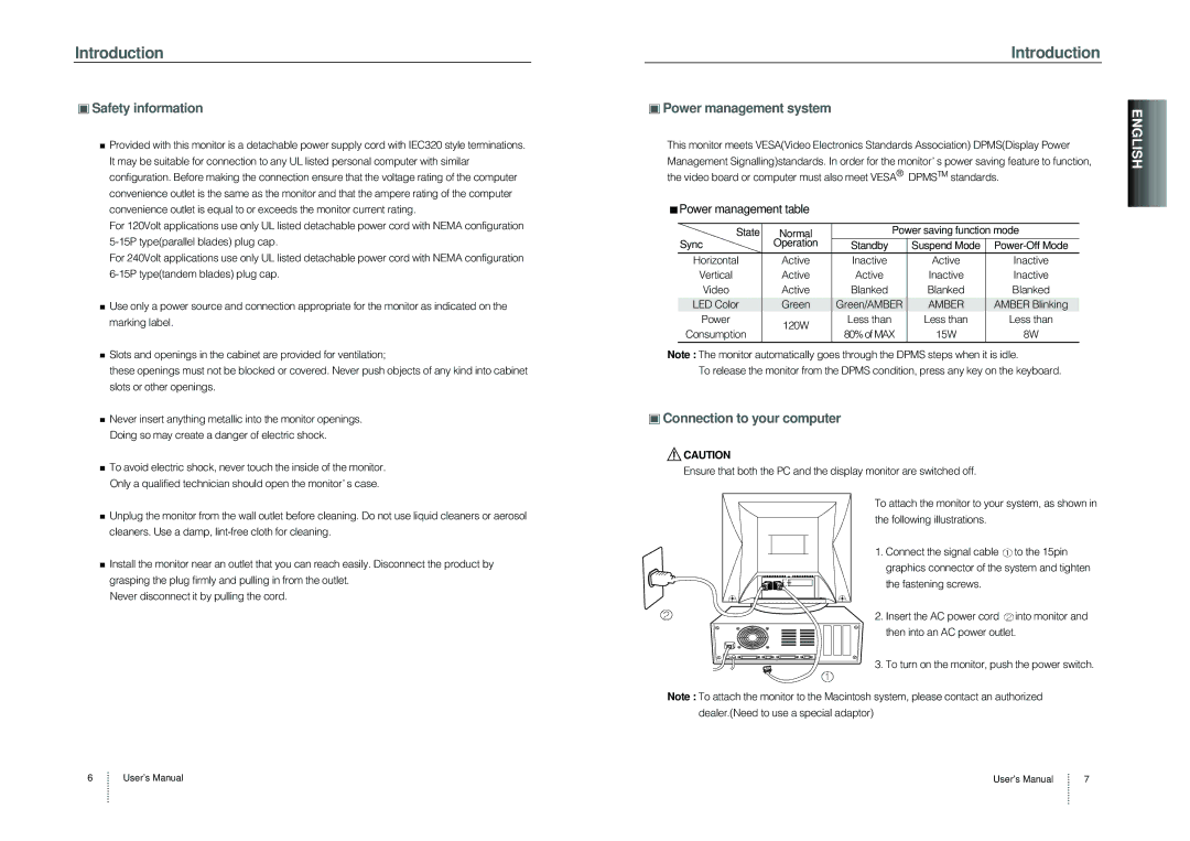 Hansol Multitech B19BL Safety information, Connection to your computer, Power management system, Power management table 