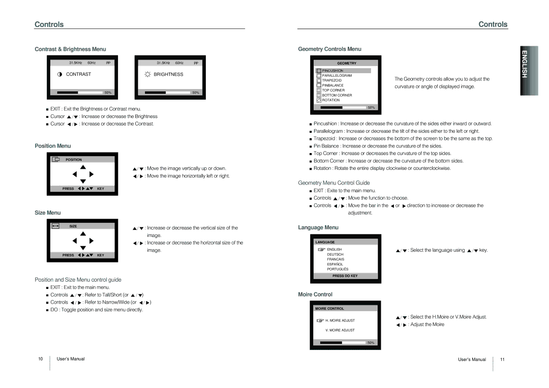 Hansol Multitech B19BL Contrast & Brightness Menu, Geometry Controls Menu, Position Menu, Size Menu, Language Menu 