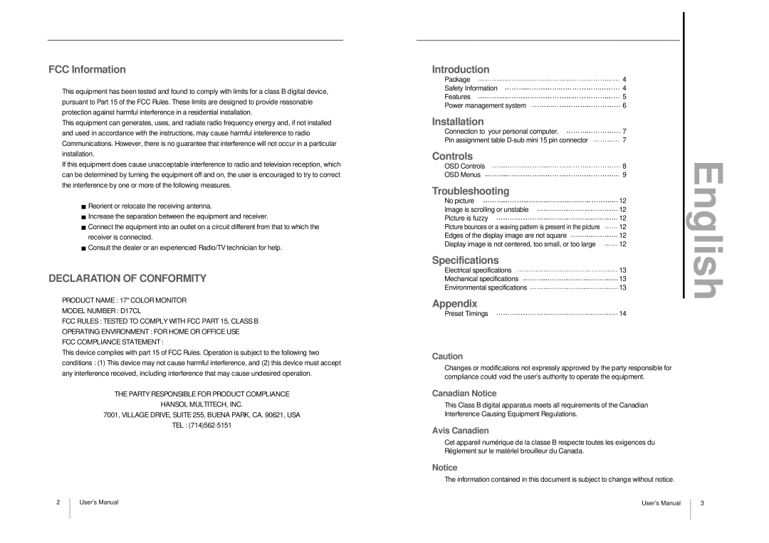 Hansol Multitech D17CL specifications FCC Information, Introduction, Installation, Controls, Troubleshooting, Appendix 