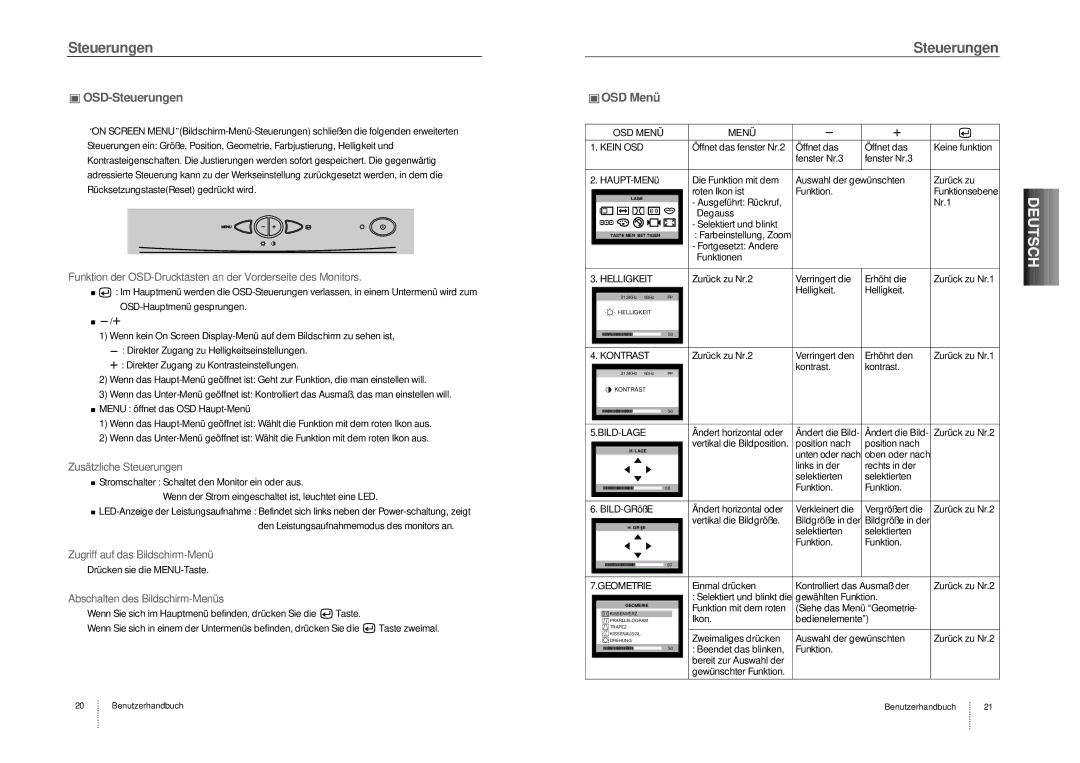 Hansol Multitech D17CL specifications OSD-Steuerungen, OSD Menü 