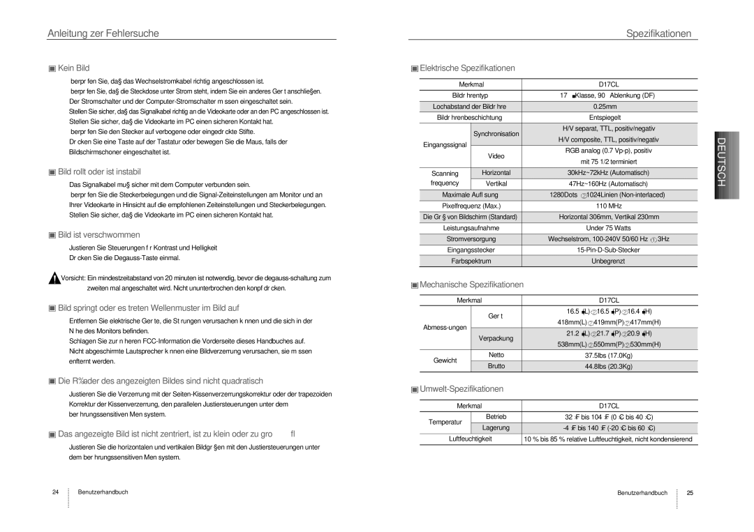 Hansol Multitech D17CL specifications Anleitung zer Fehlersuche 