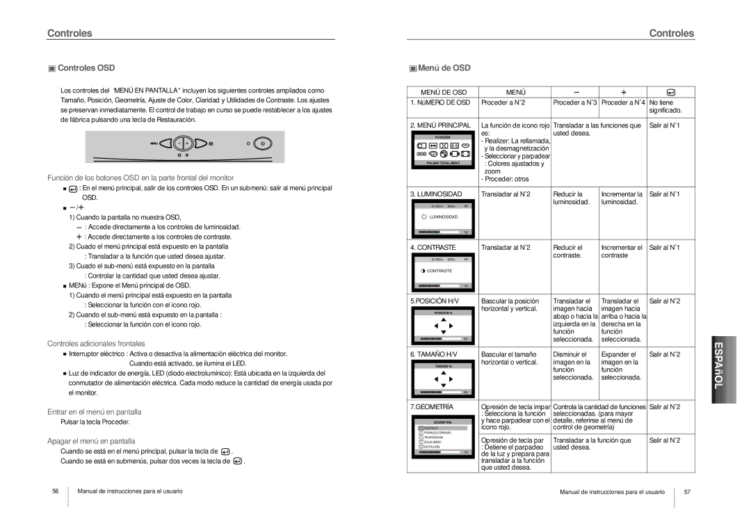 Hansol Multitech D17CL specifications Controles OSD, Función de los botones OSD en la parte frontal del monitor 