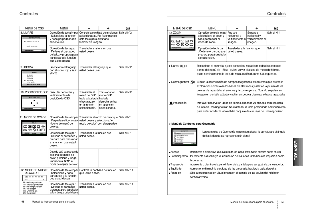 Hansol Multitech D17CL specifications Menú DE OSD Muaré, Idioma, DE Color 