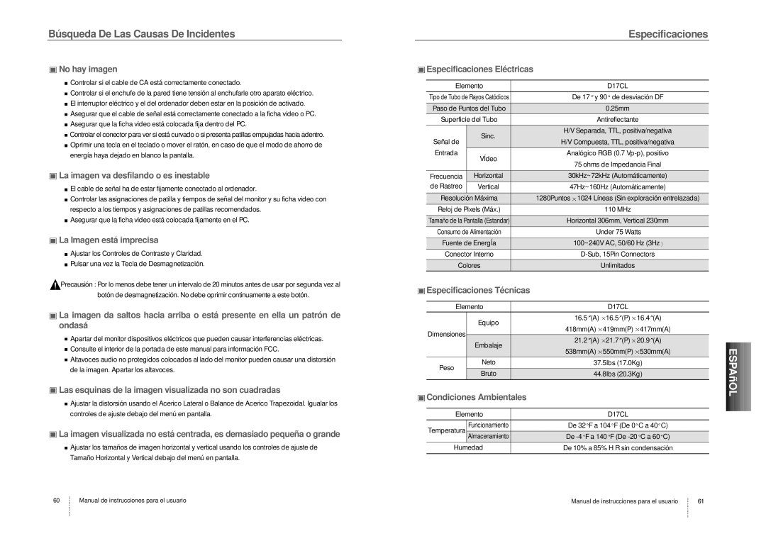 Hansol Multitech D17CL specifications Bú squeda De Las Causas De Incidentes, Especificaciones 