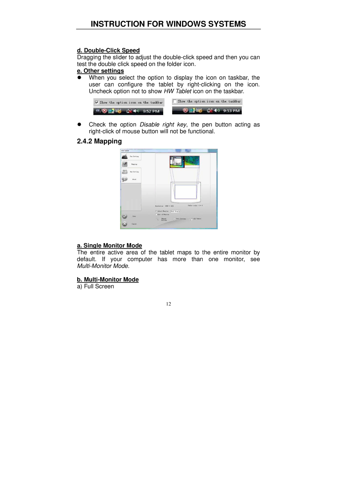 Hanvon 0605, 0806, 0504 Mapping, Double-Click Speed, Other settings, Single Monitor Mode, Multi-Monitor Mode a Full Screen 