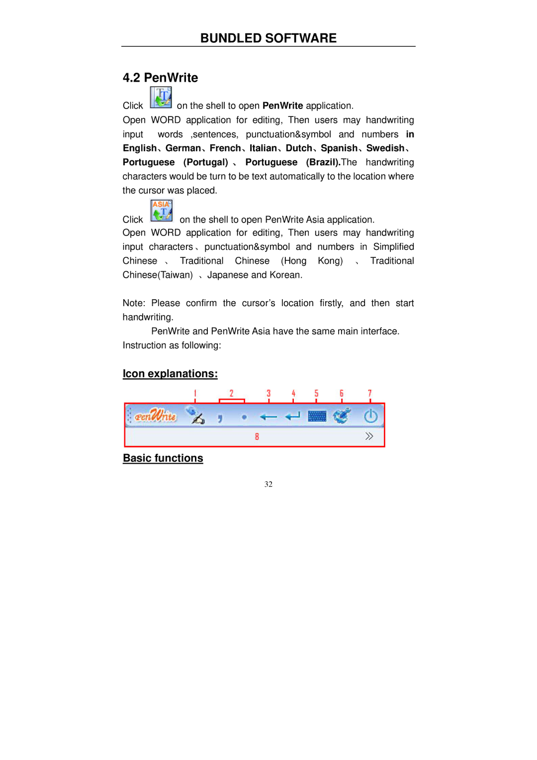 Hanvon 0806, 0605, 0504 manual PenWrite, Icon explanations Basic functions 