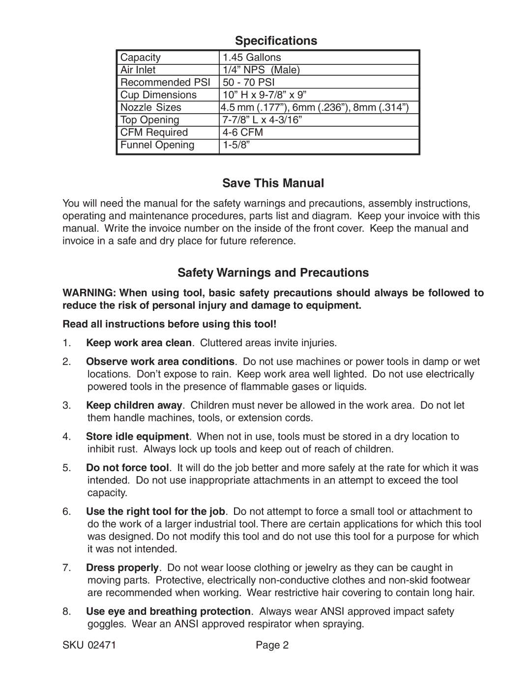 Harbor Freight Tools 02471 operating instructions Specifications, Save This Manual, Safety Warnings and Precautions 