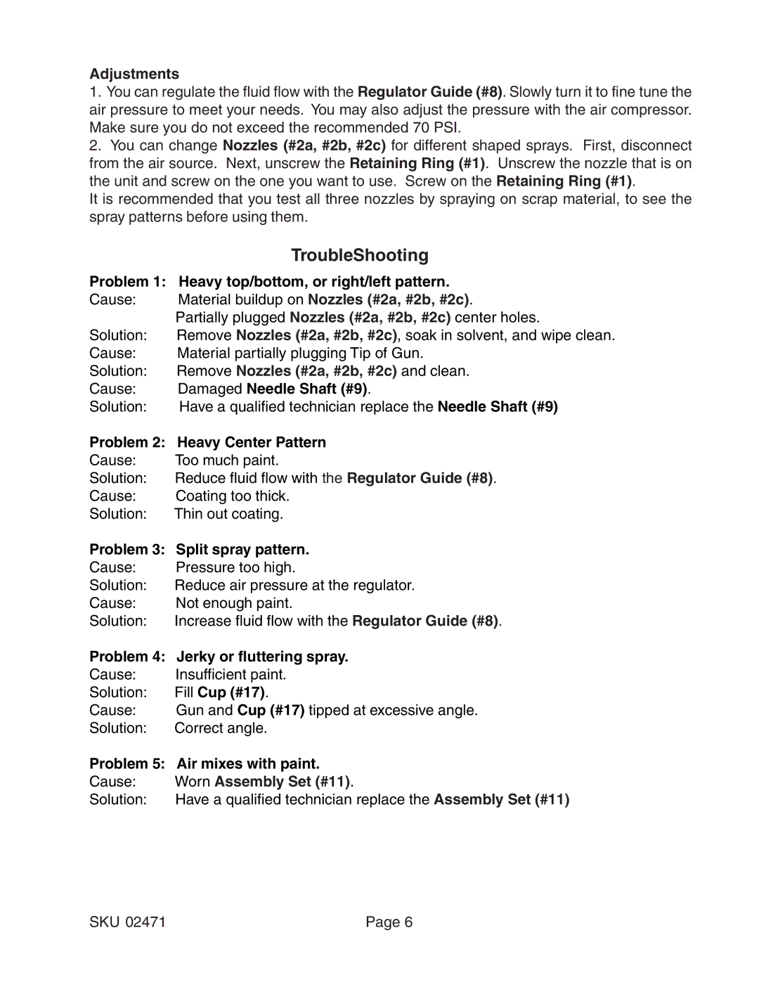 Harbor Freight Tools 02471 operating instructions TroubleShooting, Adjustments 