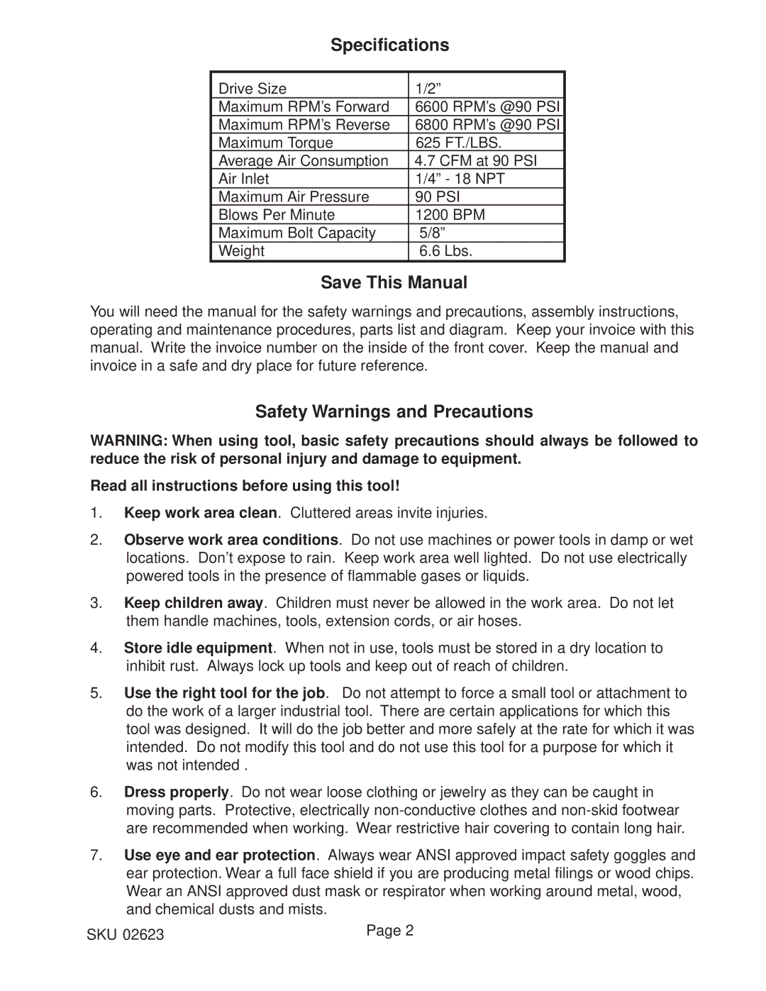 Harbor Freight Tools 02623 operating instructions Specifications, Save This Manual, Safety Warnings and Precautions 