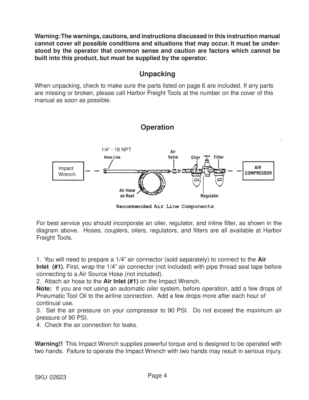 Harbor Freight Tools 02623 operating instructions Unpacking, Operation 