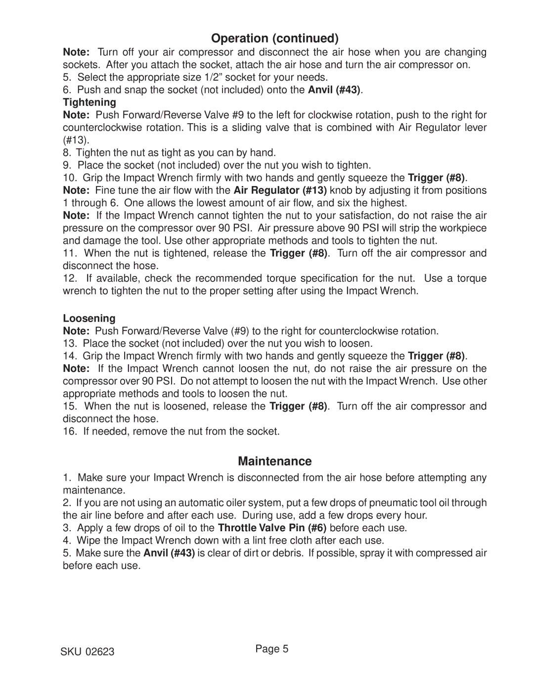 Harbor Freight Tools 02623 operating instructions Maintenance, Tightening, Loosening 