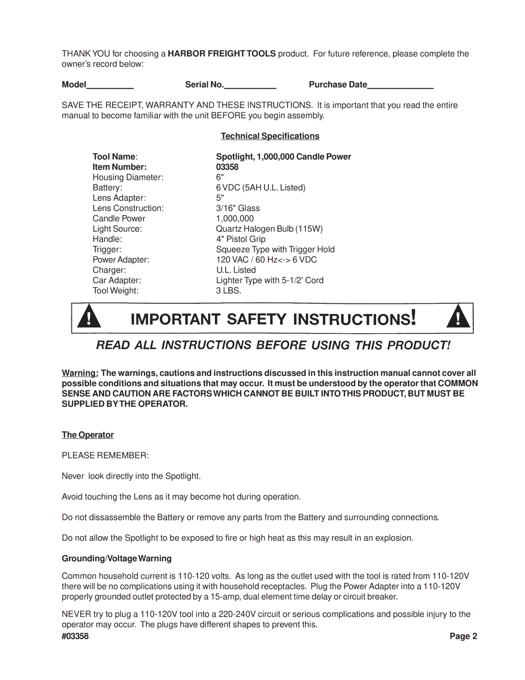 Harbor Freight Tools Model Serial No Purchase Date, Technical Specifications, Tool Name, Item Number 03358, Operator 