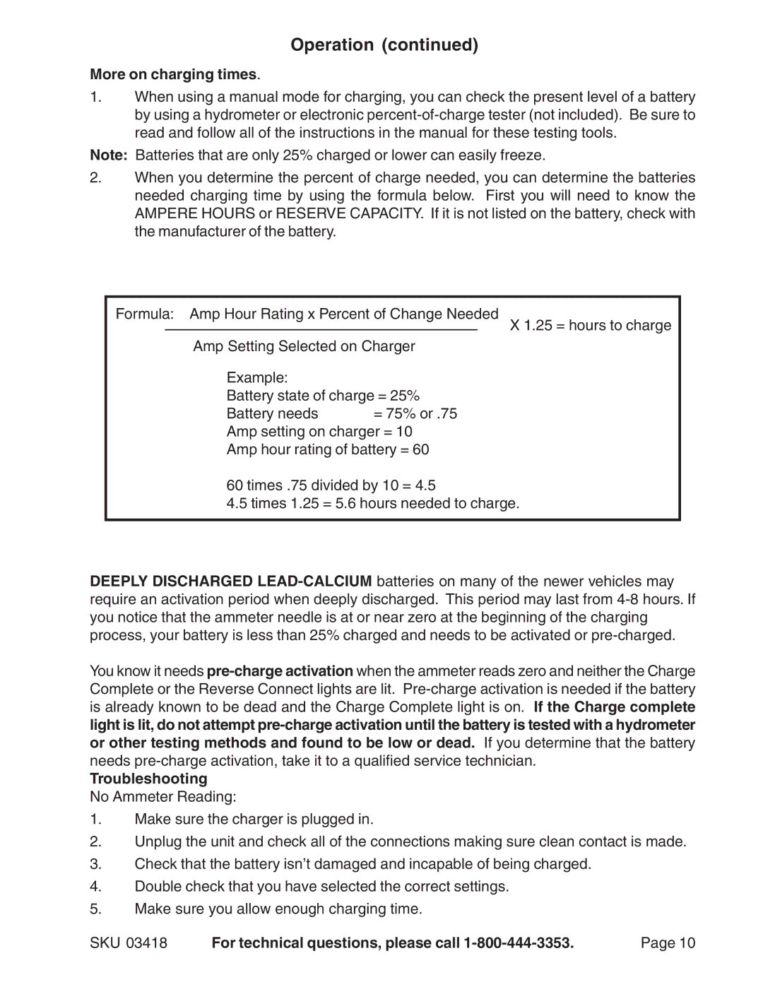 Harbor Freight Tools 03418 operating instructions More on charging times, Troubleshooting 