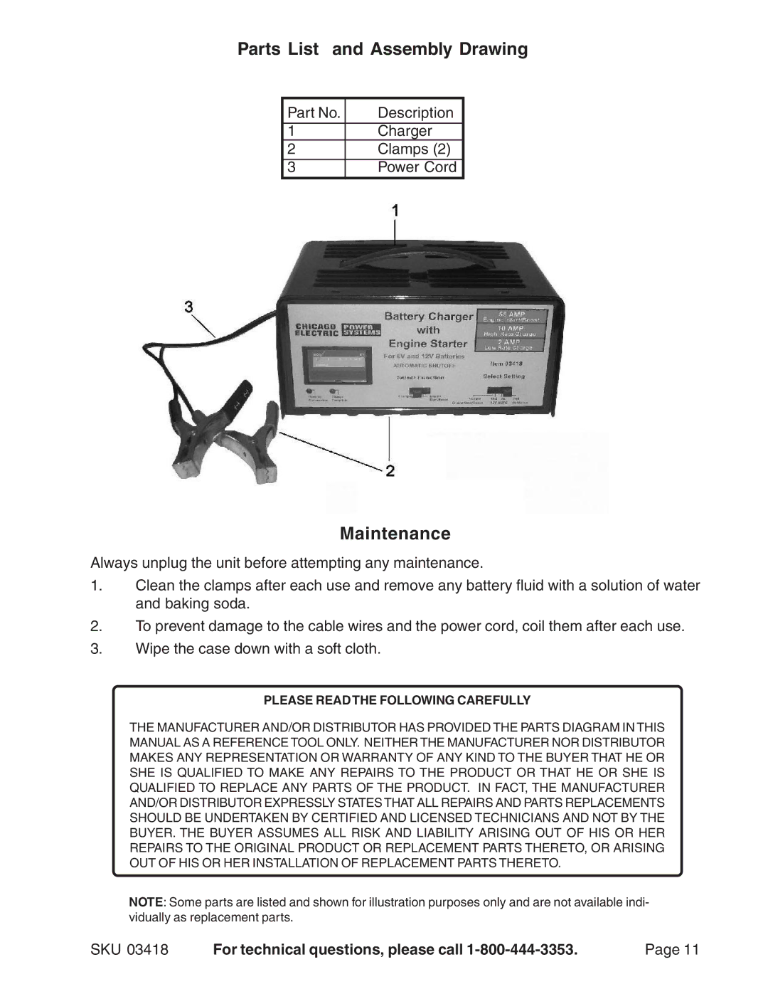 Harbor Freight Tools 03418 operating instructions Parts List and Assembly Drawing, Maintenance 