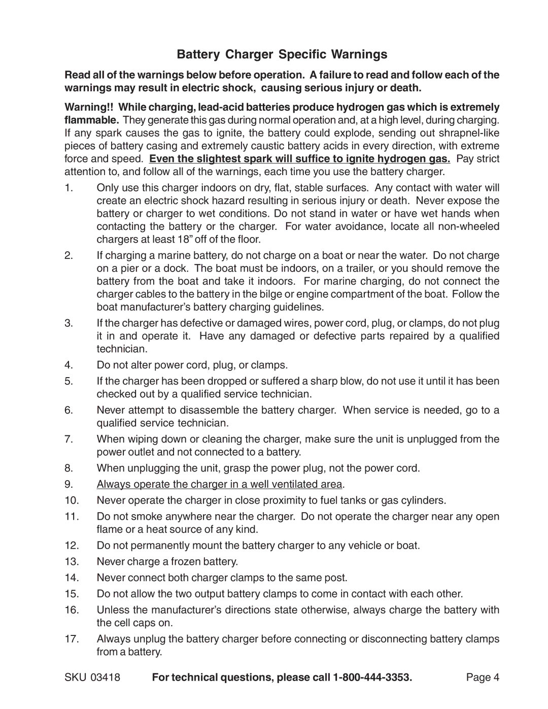 Harbor Freight Tools 03418 operating instructions Battery Charger Specific Warnings 