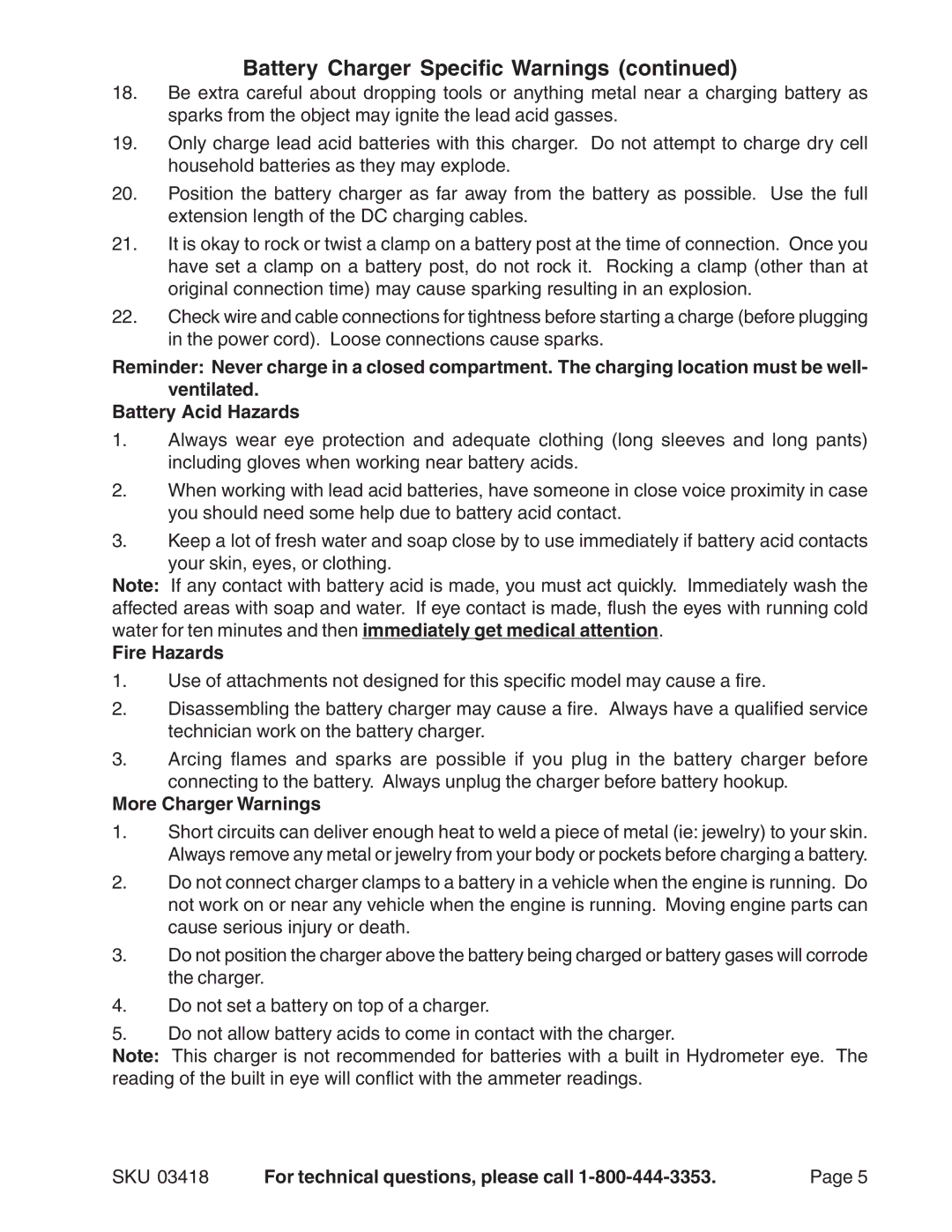 Harbor Freight Tools 03418 operating instructions Fire Hazards, More Charger Warnings 