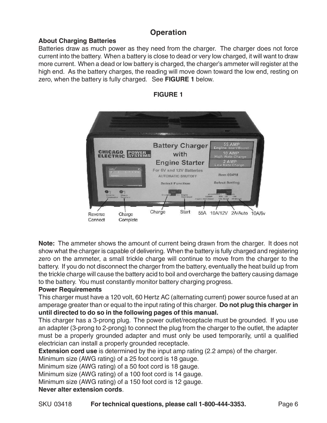 Harbor Freight Tools 03418 operating instructions Operation, About Charging Batteries, Power Requirements 