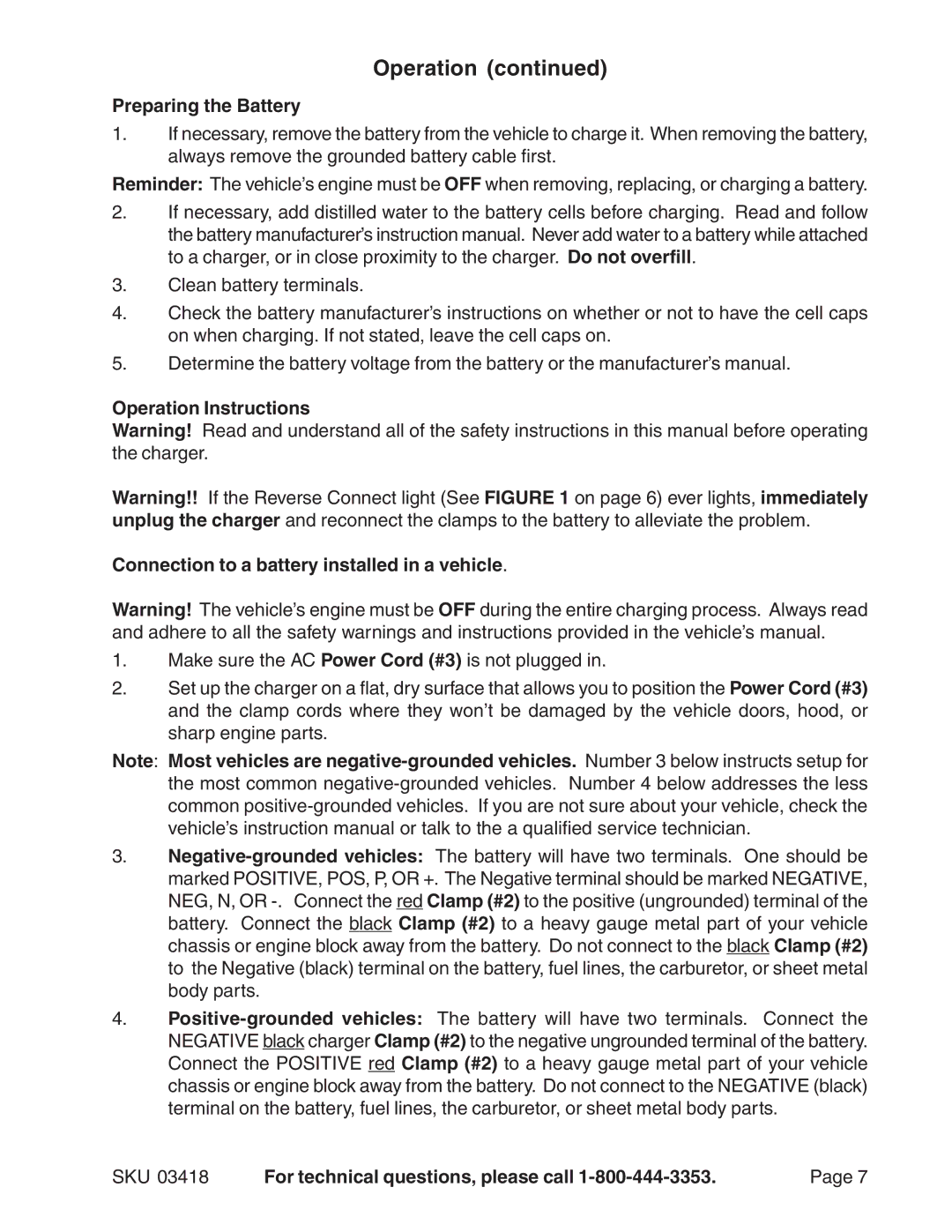 Harbor Freight Tools 03418 operating instructions Preparing the Battery 