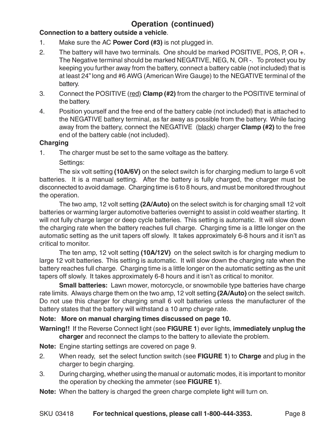 Harbor Freight Tools 03418 operating instructions Connection to a battery outside a vehicle, Charging 