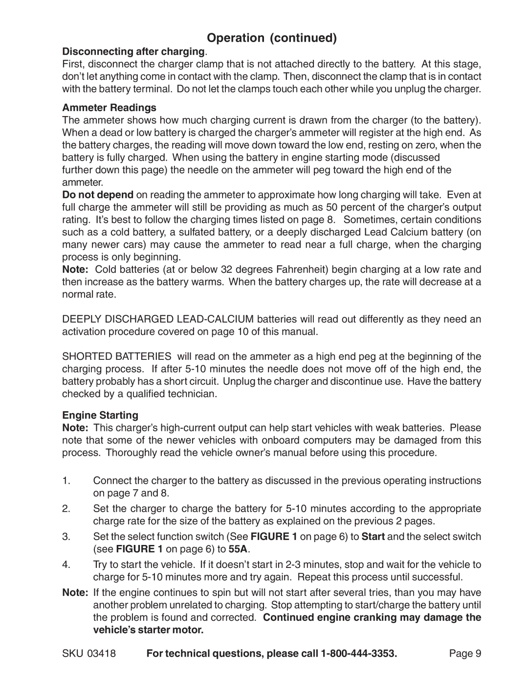 Harbor Freight Tools 03418 operating instructions Disconnecting after charging, Ammeter Readings, Engine Starting 