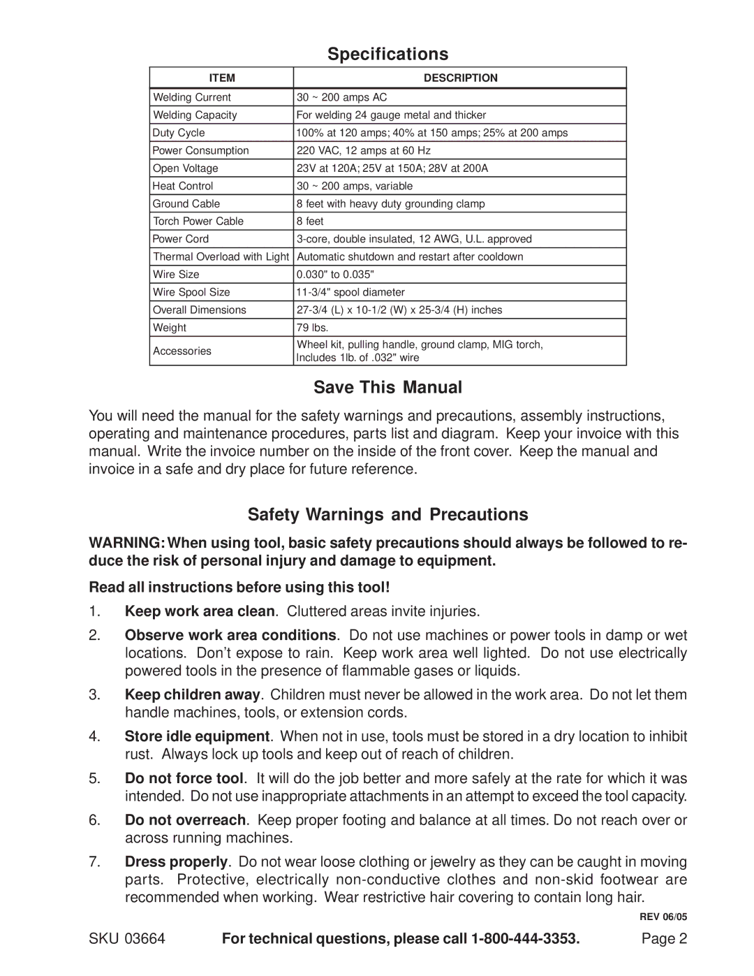 Harbor Freight Tools 03664 operating instructions Specifications, Save This Manual, Safety Warnings and Precautions 