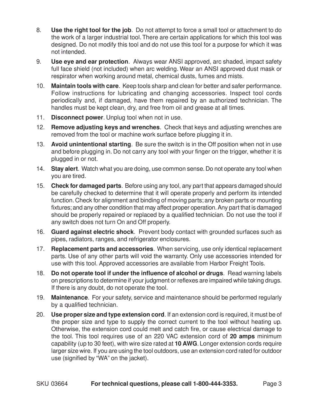 Harbor Freight Tools 03664 operating instructions SKU For technical questions, please call 