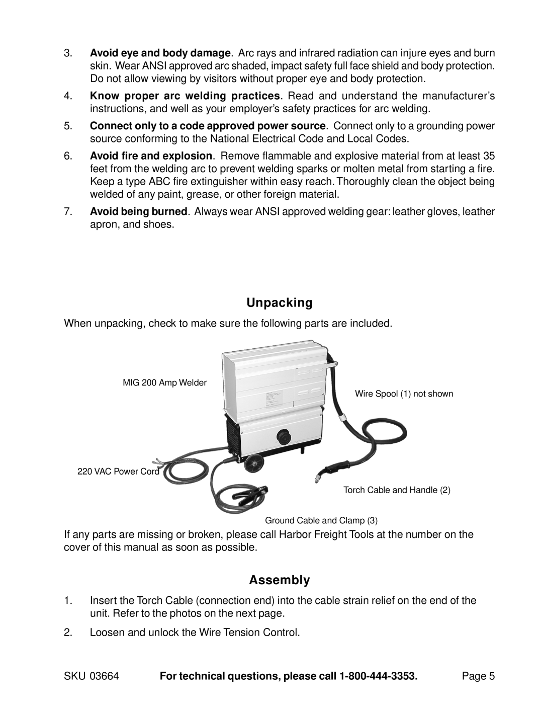 Harbor Freight Tools 03664 operating instructions Unpacking, Assembly 