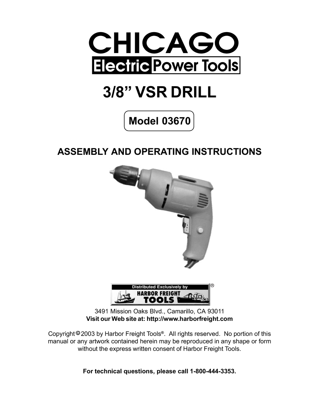 Harbor Freight Tools 03670 operating instructions VSR Drill 