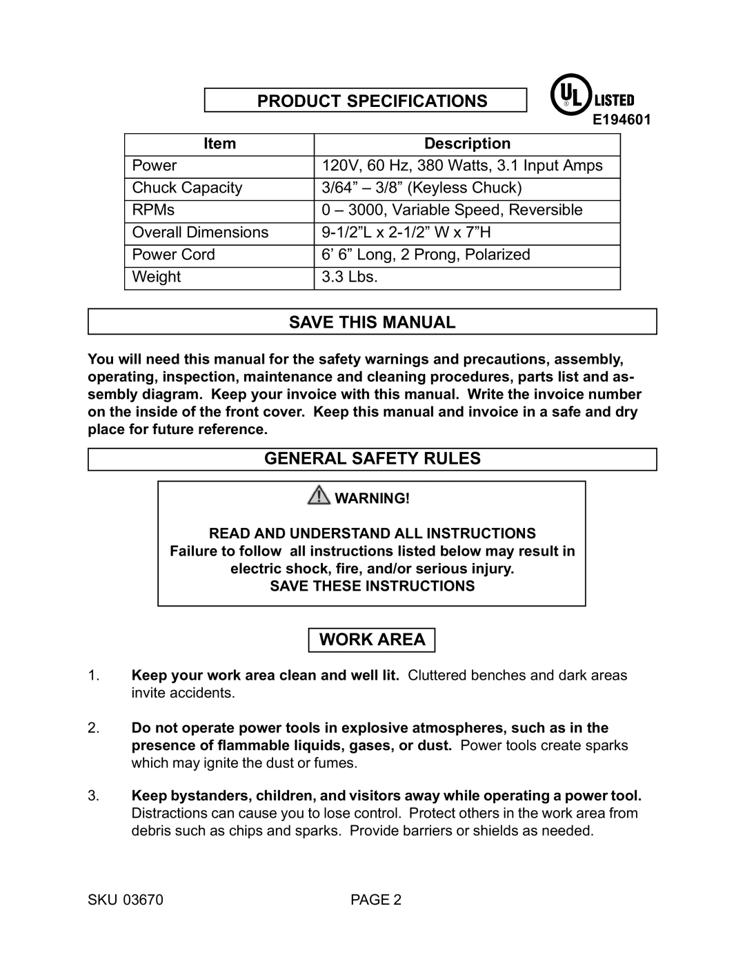 Harbor Freight Tools 03670 operating instructions Product Specifications, Save this Manual, General Safety Rules, Work Area 