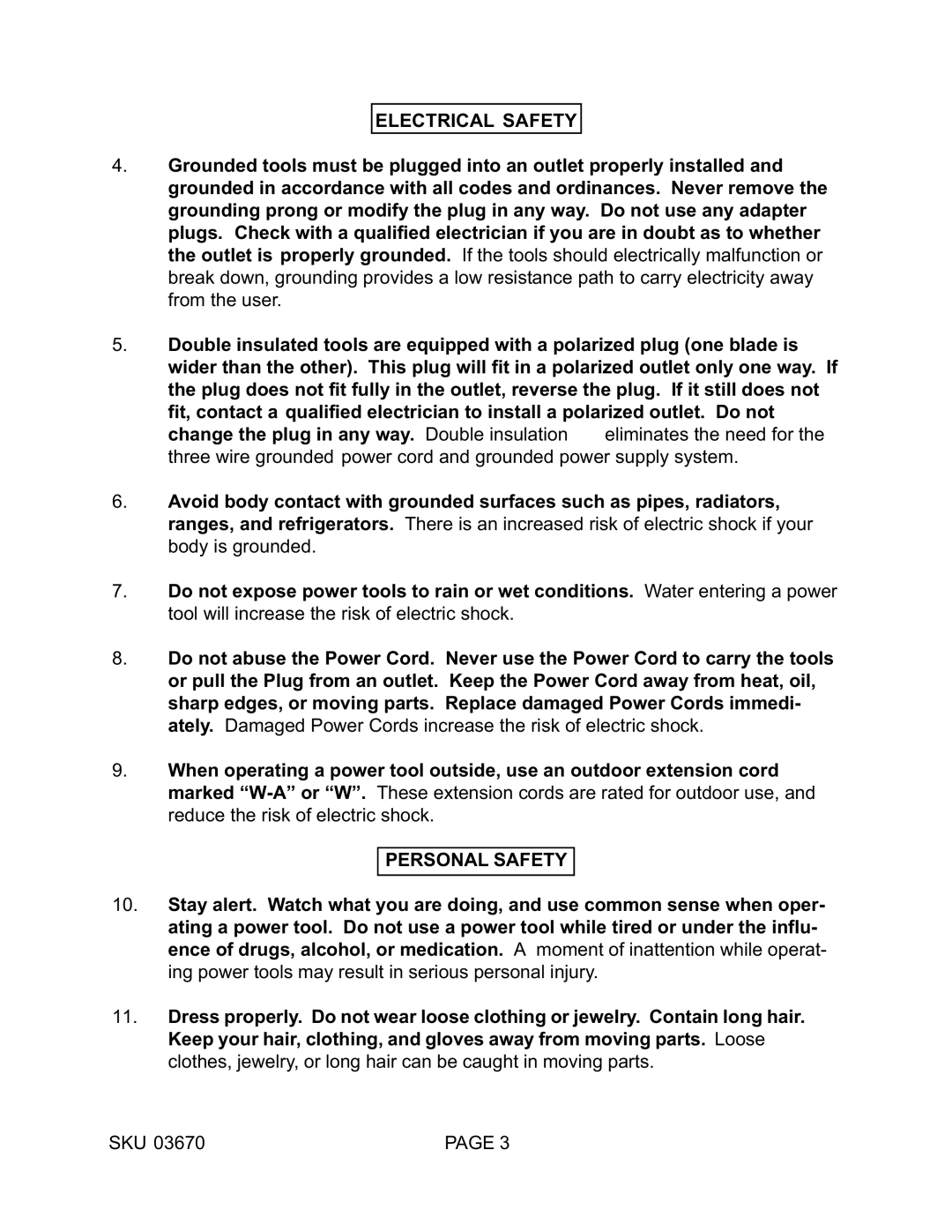 Harbor Freight Tools 03670 operating instructions Electrical Safety, Personal Safety 