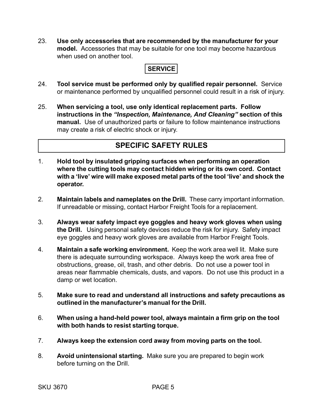 Harbor Freight Tools 03670 operating instructions Specific Safety Rules, Service 