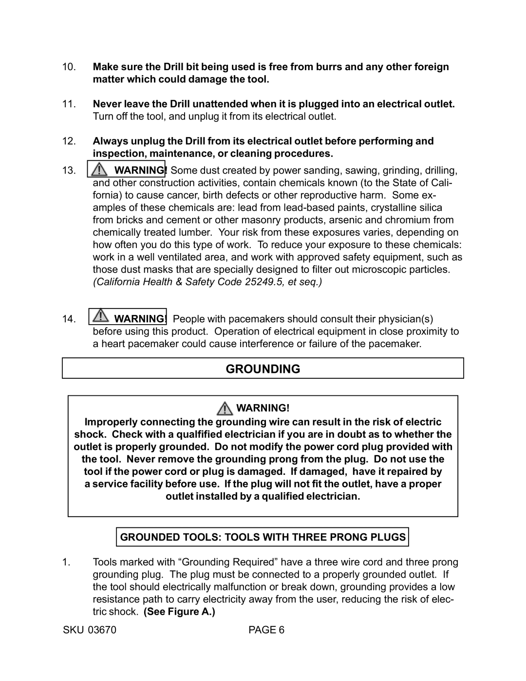 Harbor Freight Tools 03670 operating instructions Grounding, Grounded Tools Tools with Three Prong Plugs 