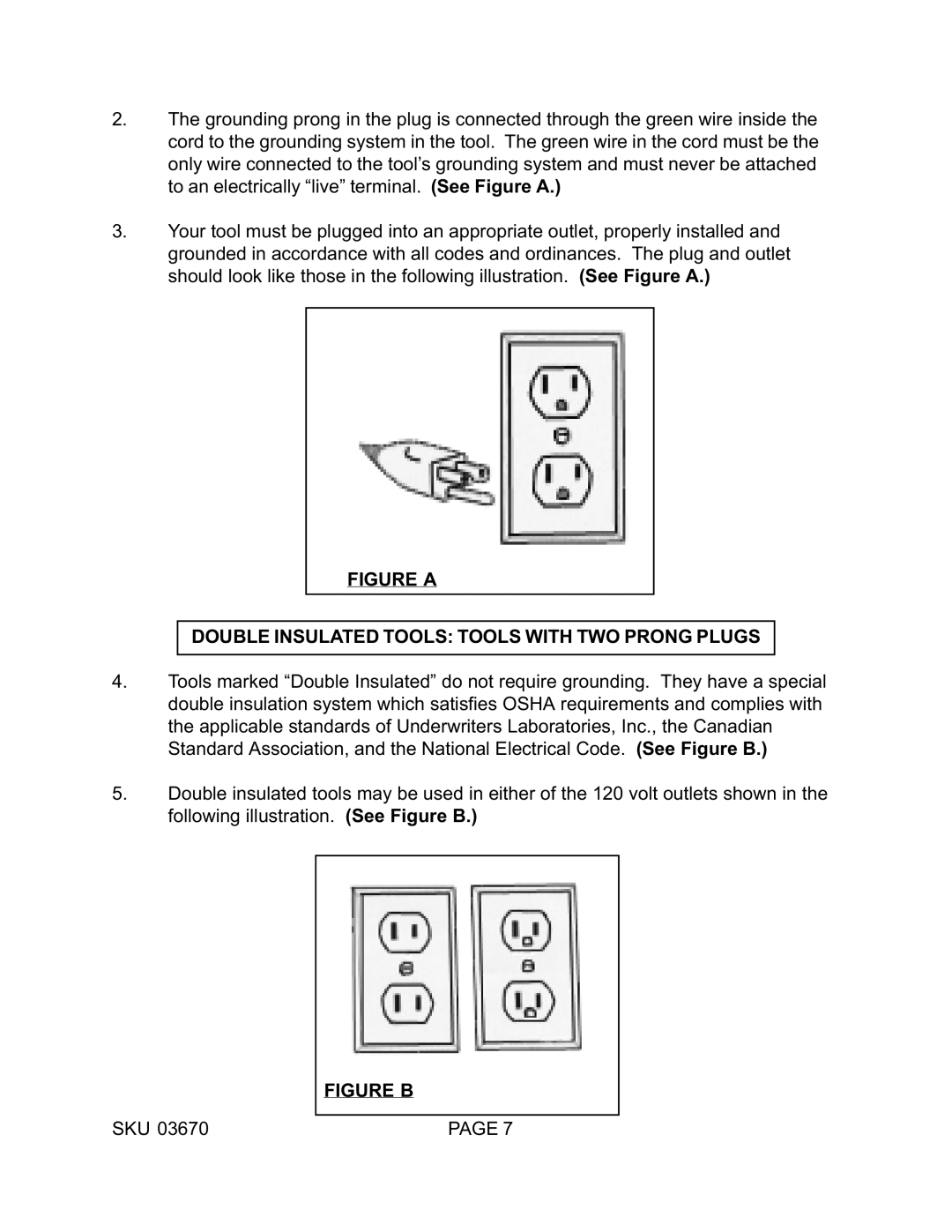 Harbor Freight Tools 03670 operating instructions Figure a Double Insulated Tools Tools with TWO Prong Plugs 