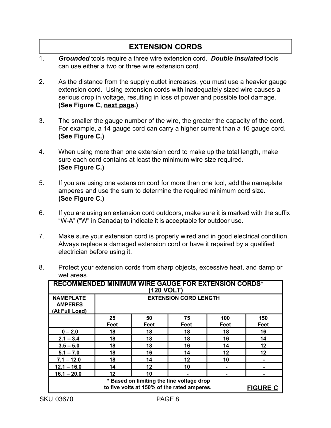 Harbor Freight Tools 03670 operating instructions Extension Cords, Figure C 