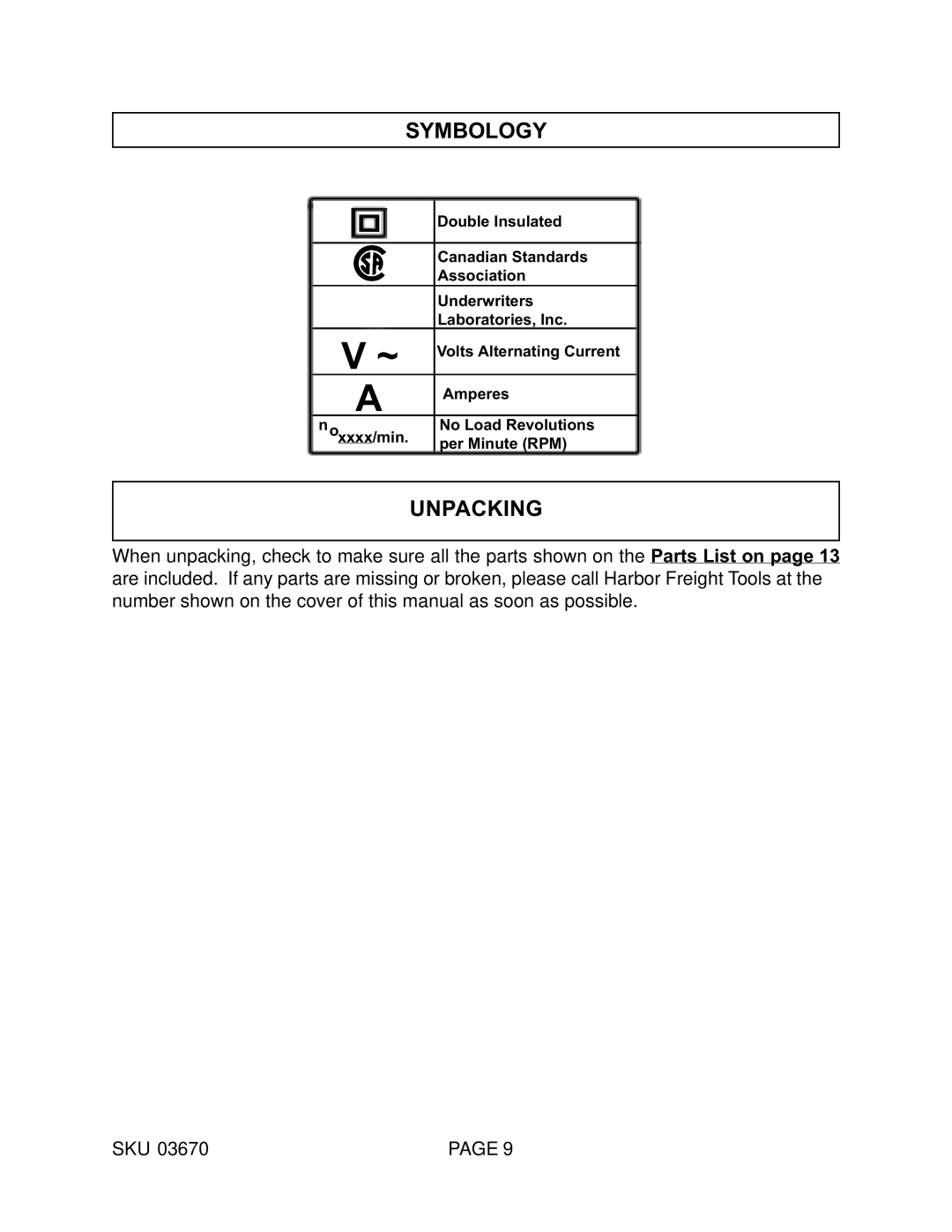 Harbor Freight Tools 03670 operating instructions Symbology, Unpacking 