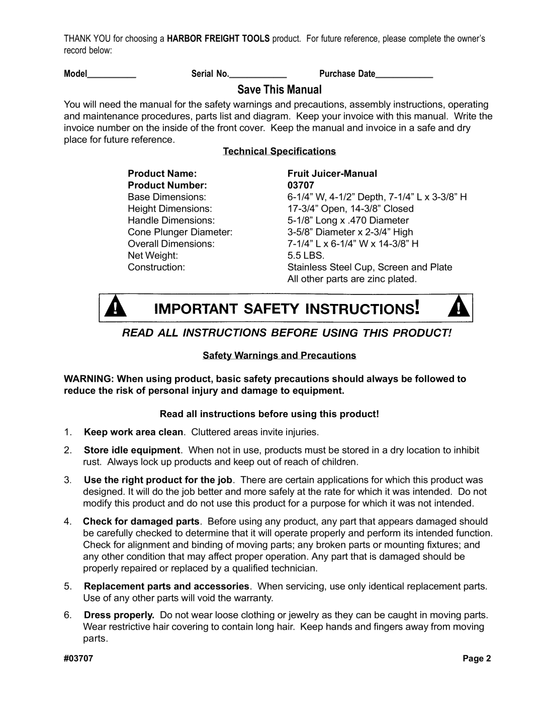 Harbor Freight Tools 03707 manual Save This Manual 