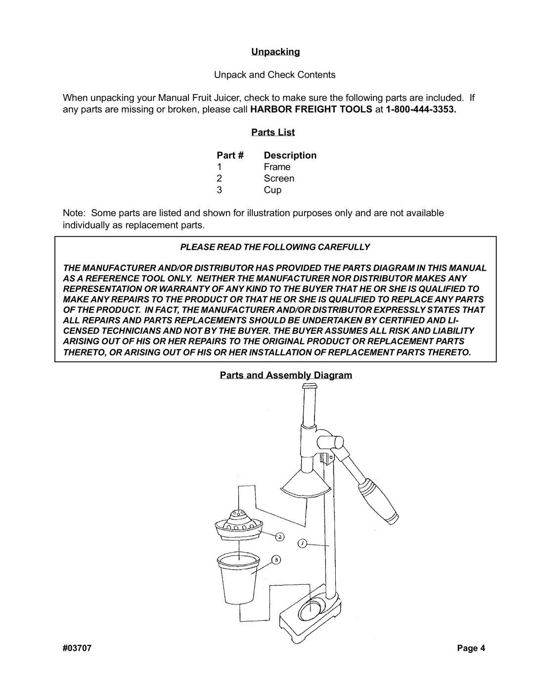 Harbor Freight Tools 03707 manual Parts and Assembly Diagram 