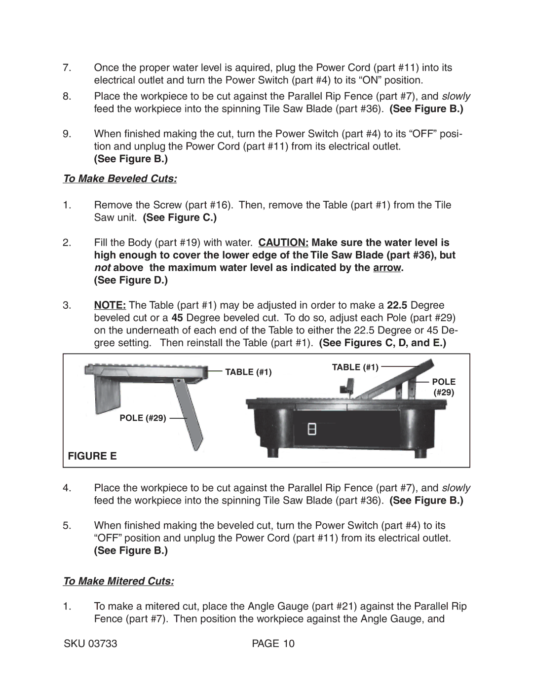 Harbor Freight Tools 03733 operating instructions To Make Beveled Cuts, See Figure D, To Make Mitered Cuts 