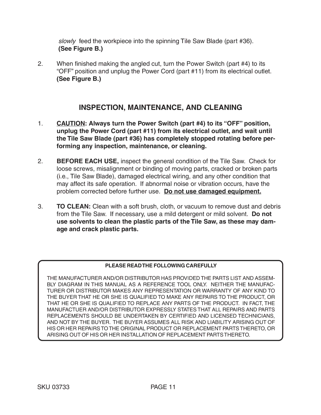 Harbor Freight Tools 03733 operating instructions INSPECTION, MAINTENANCE, and Cleaning, Please Readthe Following Carefully 