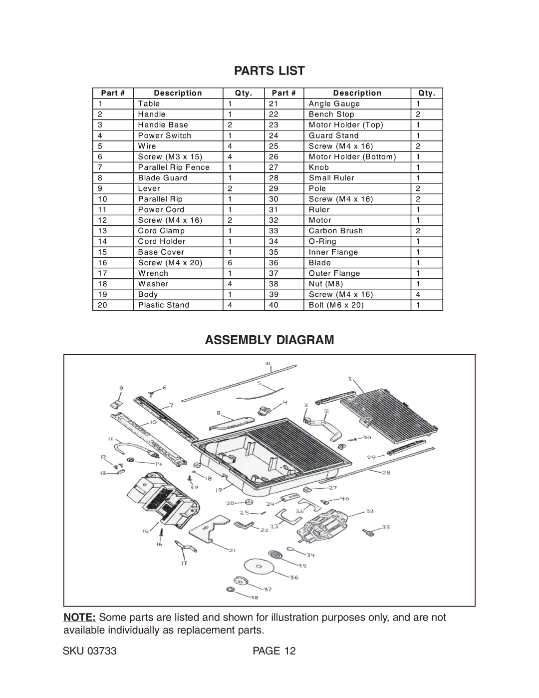 Harbor Freight Tools 03733 operating instructions Parts List, Assembly Diagram 