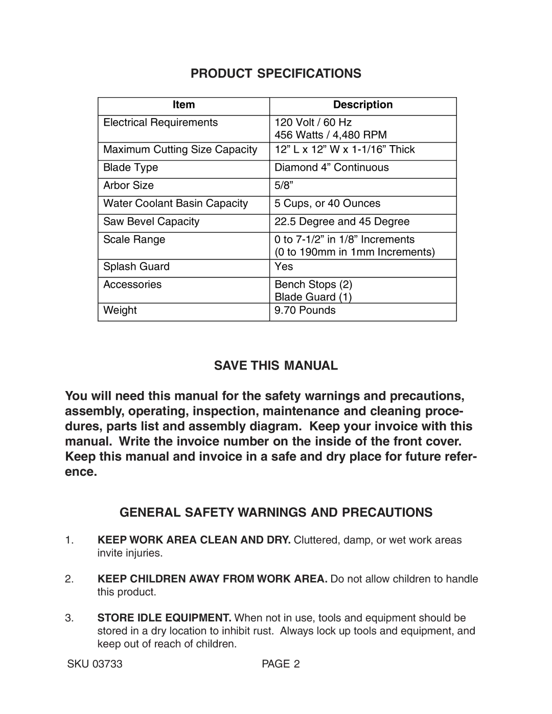 Harbor Freight Tools 03733 Product Specifications, Save this Manual, General Safety Warnings and Precautions 